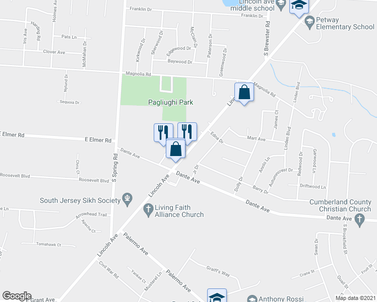 map of restaurants, bars, coffee shops, grocery stores, and more near 1767 South Lincoln Avenue in Vineland