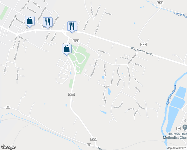 map of restaurants, bars, coffee shops, grocery stores, and more near 165 Wildflower Creek Drive in Martinsburg