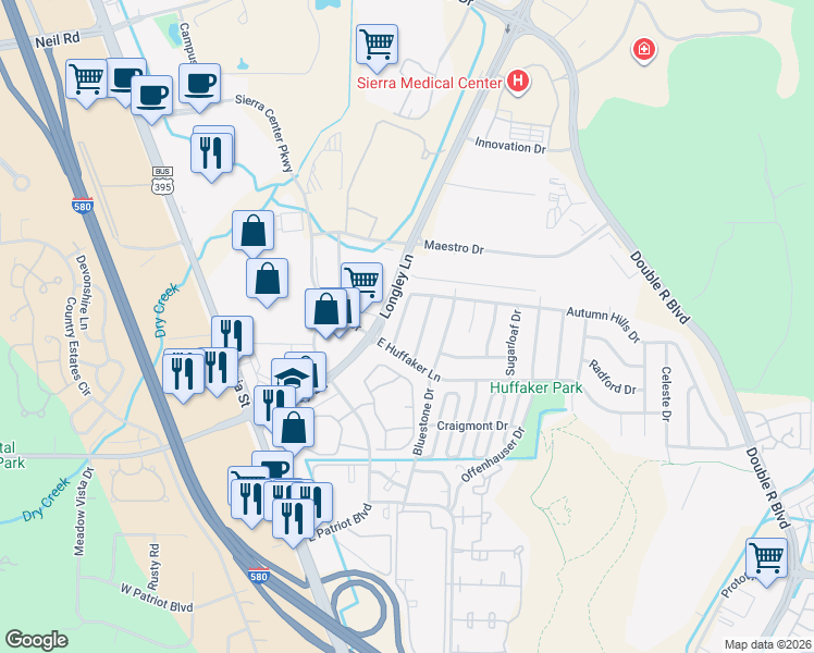 map of restaurants, bars, coffee shops, grocery stores, and more near 7482 Limestone Drive in Reno