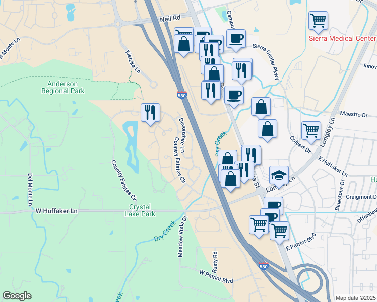 map of restaurants, bars, coffee shops, grocery stores, and more near 7607 Water View Way in Reno
