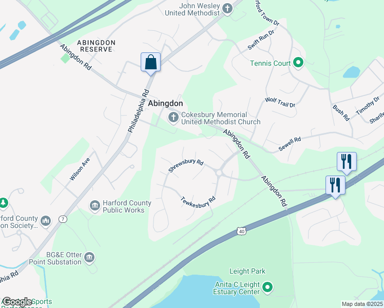 map of restaurants, bars, coffee shops, grocery stores, and more near 1203 Penshurst Court in Abingdon