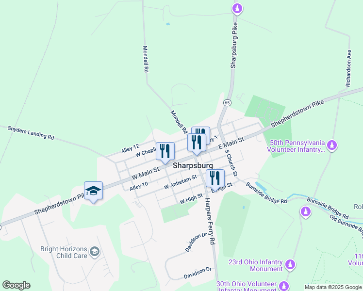 map of restaurants, bars, coffee shops, grocery stores, and more near 104 West Chapline Street in Sharpsburg