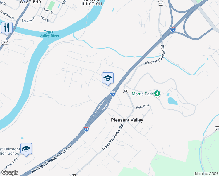 map of restaurants, bars, coffee shops, grocery stores, and more near 1858 Valley School Road in Fairmont