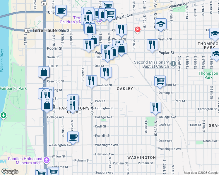 map of restaurants, bars, coffee shops, grocery stores, and more near 705 South 9th Street in Terre Haute
