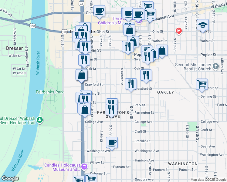 map of restaurants, bars, coffee shops, grocery stores, and more near 722 South 6th Street in Terre Haute