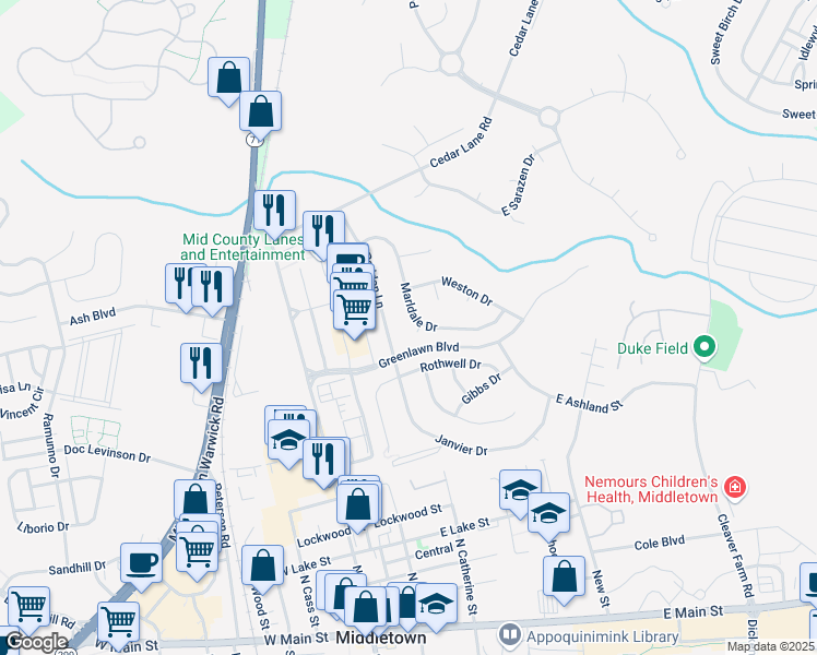 map of restaurants, bars, coffee shops, grocery stores, and more near 342 Marldale Dr in Middletown