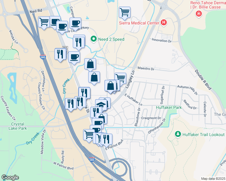 map of restaurants, bars, coffee shops, grocery stores, and more near 895 E Patriot Blvd in Reno
