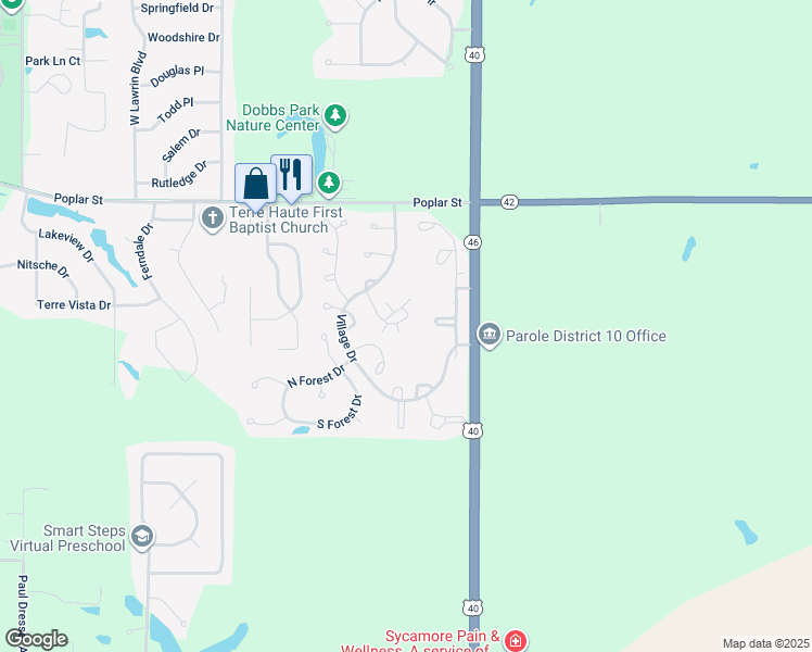 map of restaurants, bars, coffee shops, grocery stores, and more near 664 Frontier Court in Terre Haute