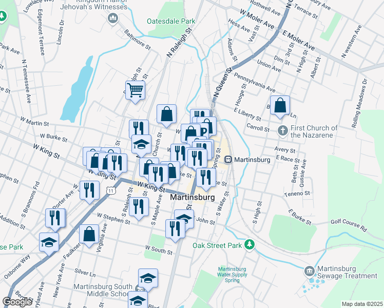 map of restaurants, bars, coffee shops, grocery stores, and more near 116 West Martin Street in Martinsburg