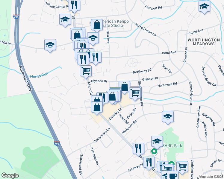 map of restaurants, bars, coffee shops, grocery stores, and more near 448 Chartley Park Road in Reisterstown