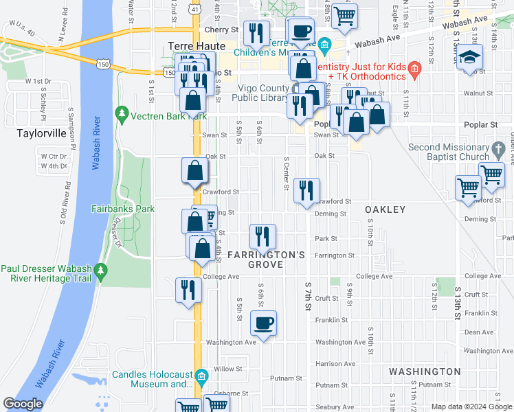map of restaurants, bars, coffee shops, grocery stores, and more near 725 South 6th Street in Terre Haute