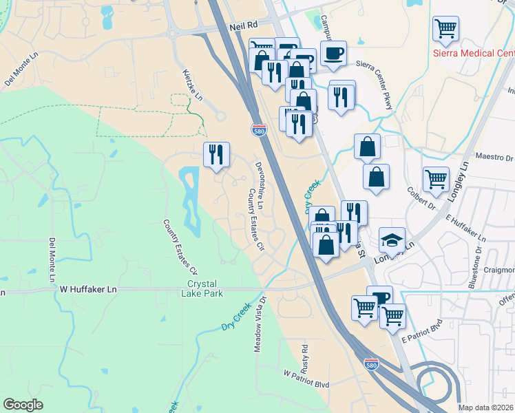 map of restaurants, bars, coffee shops, grocery stores, and more near 7598 Devonshire Lane in Reno