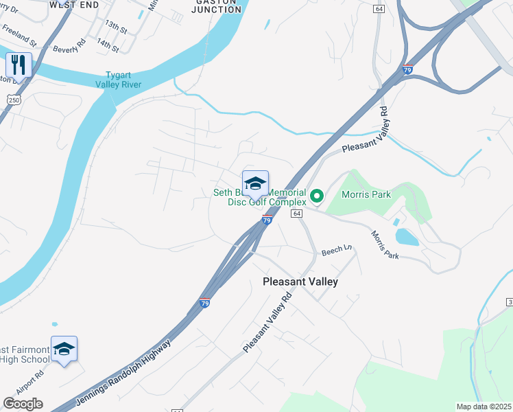 map of restaurants, bars, coffee shops, grocery stores, and more near 1858 Valley School Road in Fairmont