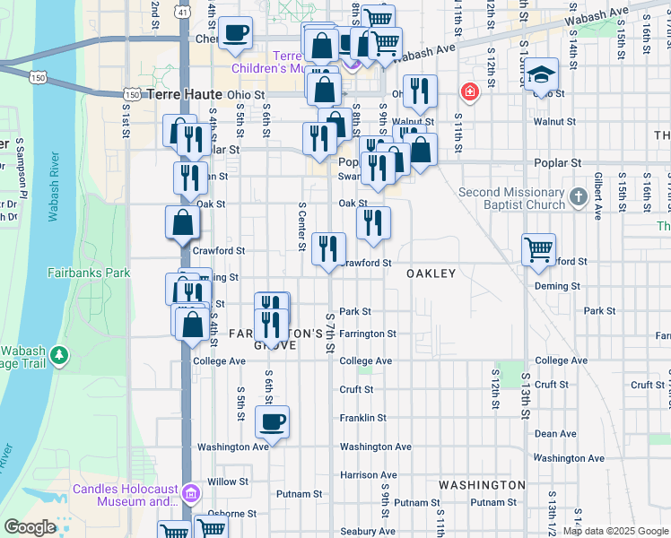 map of restaurants, bars, coffee shops, grocery stores, and more near 708 South 7th Street in Terre Haute