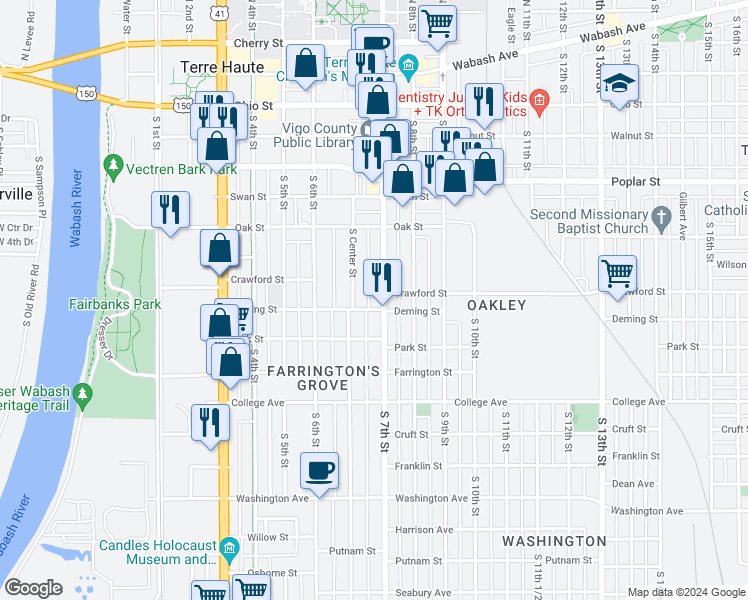 map of restaurants, bars, coffee shops, grocery stores, and more near 720 South Center Street in Terre Haute