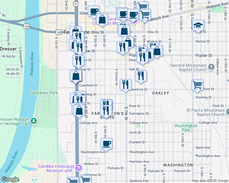 map of restaurants, bars, coffee shops, grocery stores, and more near 720 South Center Street in Terre Haute