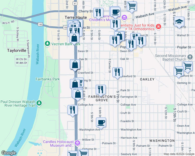 map of restaurants, bars, coffee shops, grocery stores, and more near 722 South 5th Street in Terre Haute