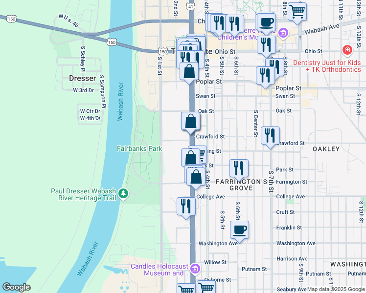 map of restaurants, bars, coffee shops, grocery stores, and more near 782 South 3rd Street in Terre Haute