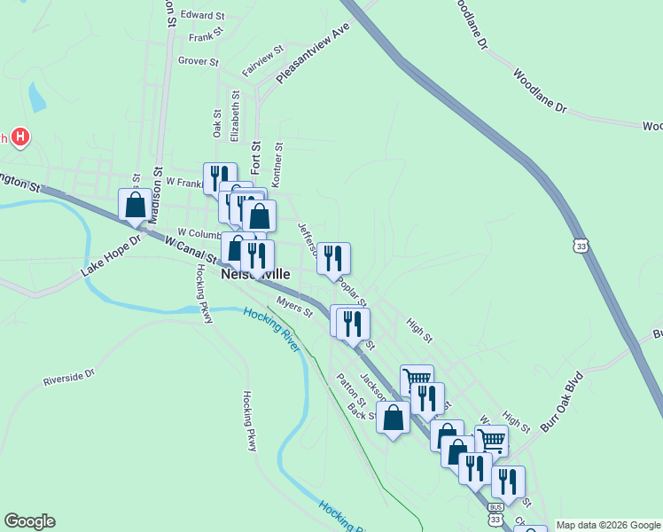 map of restaurants, bars, coffee shops, grocery stores, and more near 247 Jefferson Street in Nelsonville
