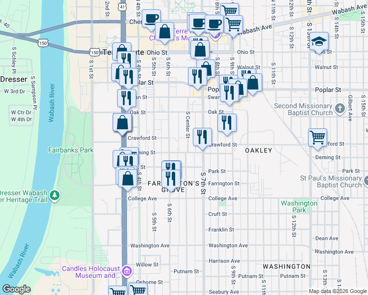 map of restaurants, bars, coffee shops, grocery stores, and more near 720 South Center Street in Terre Haute