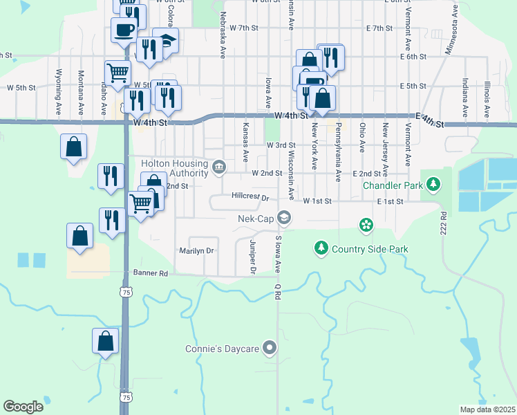 map of restaurants, bars, coffee shops, grocery stores, and more near 417 Emerald Drive in Holton