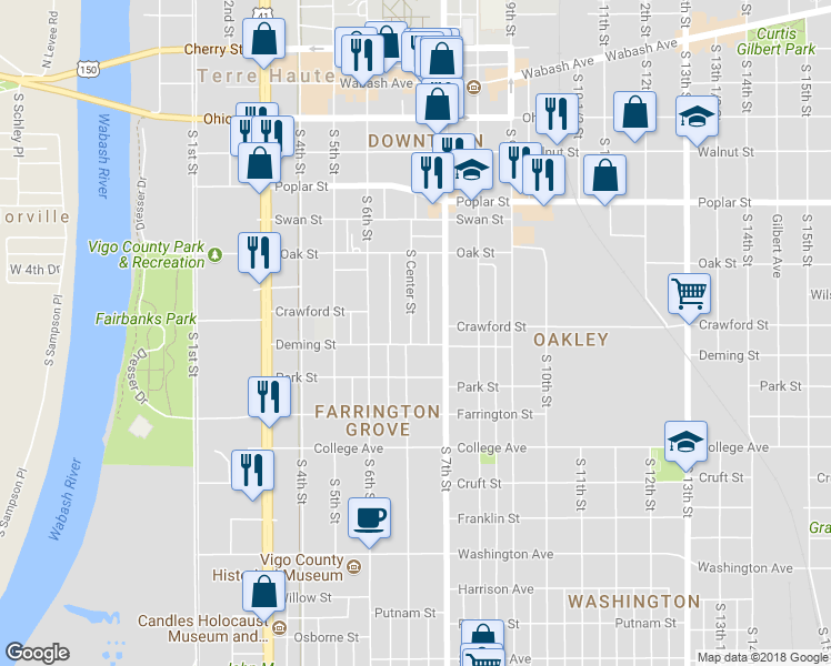 map of restaurants, bars, coffee shops, grocery stores, and more near 720 South Center Street in Terre Haute