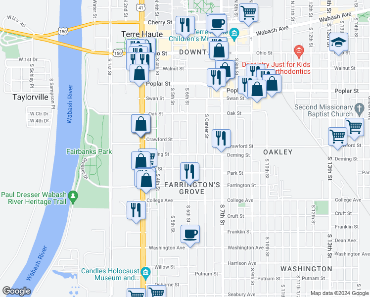 map of restaurants, bars, coffee shops, grocery stores, and more near 723 South 6th Street in Terre Haute