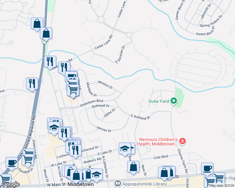 map of restaurants, bars, coffee shops, grocery stores, and more near 398 Marldale Drive in Middletown