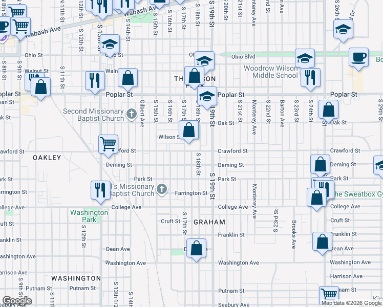 map of restaurants, bars, coffee shops, grocery stores, and more near 1709 Crawford Street in Terre Haute