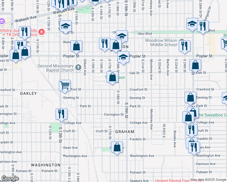 map of restaurants, bars, coffee shops, grocery stores, and more near 1709 Crawford Street in Terre Haute