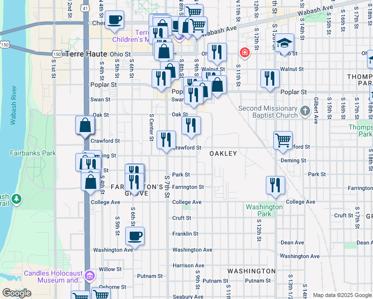 map of restaurants, bars, coffee shops, grocery stores, and more near 705 South 9th Street in Terre Haute