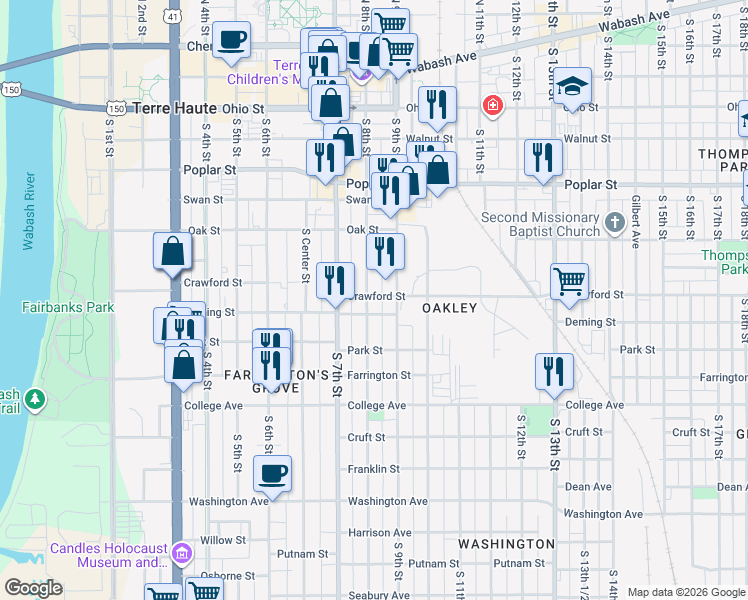 map of restaurants, bars, coffee shops, grocery stores, and more near 705 South 9th Street in Terre Haute