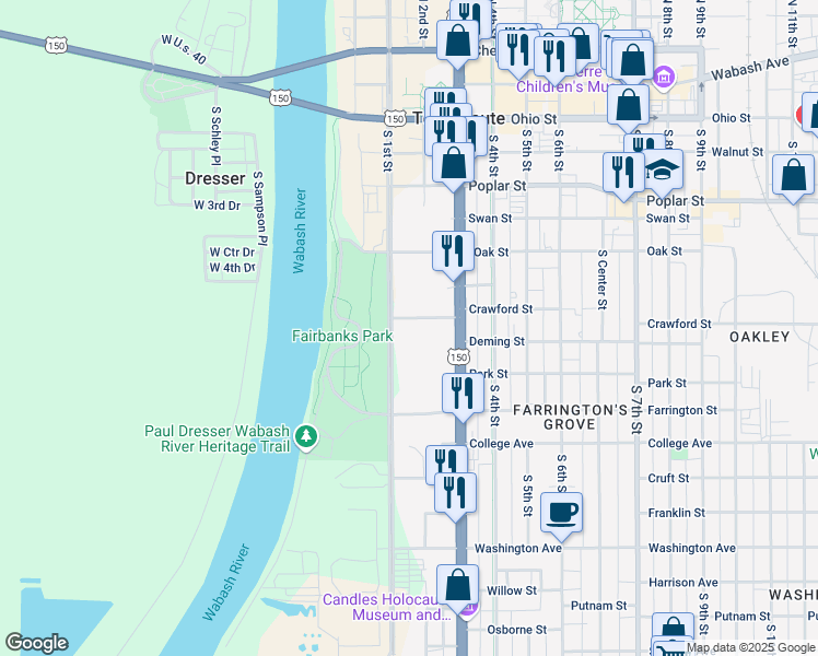map of restaurants, bars, coffee shops, grocery stores, and more near 101-299 Crawford Street in Terre Haute