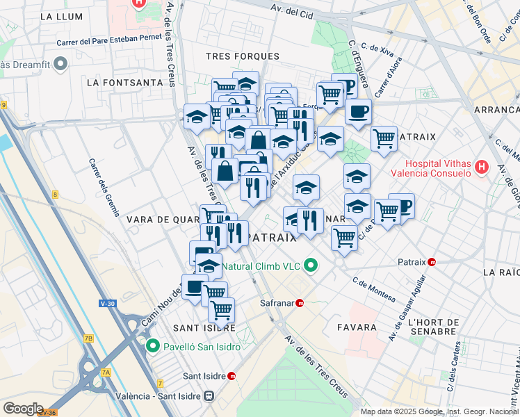 map of restaurants, bars, coffee shops, grocery stores, and more near 127 Carrer de l'Arxiduc Carles in València