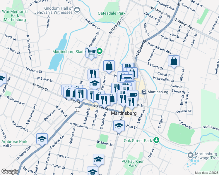 map of restaurants, bars, coffee shops, grocery stores, and more near 303 West Martin Street in Martinsburg