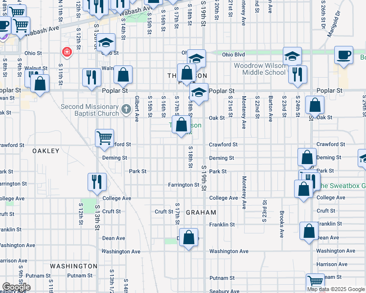 map of restaurants, bars, coffee shops, grocery stores, and more near 1709 Crawford Street in Terre Haute