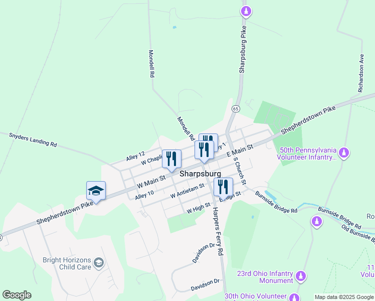 map of restaurants, bars, coffee shops, grocery stores, and more near 104 West Chapline Street in Sharpsburg