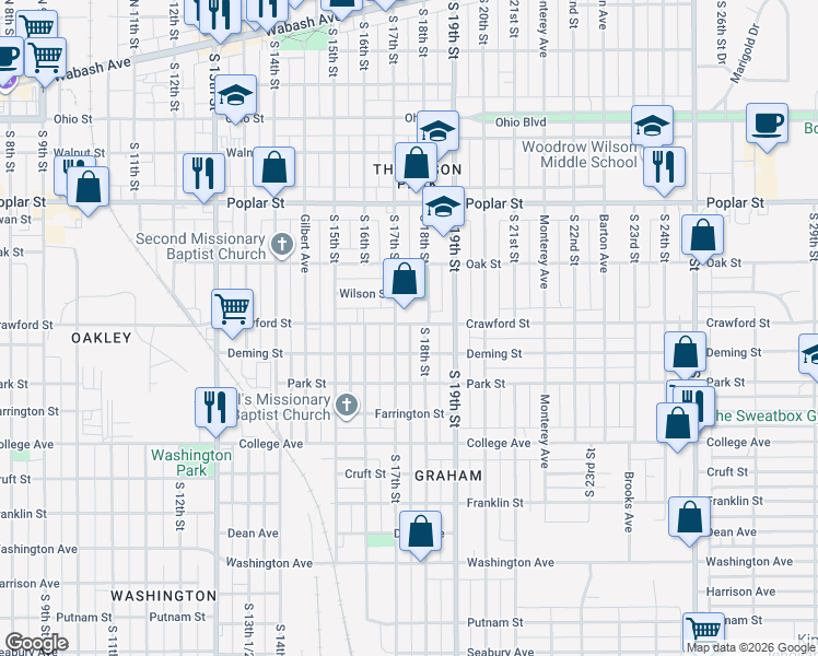 map of restaurants, bars, coffee shops, grocery stores, and more near 1709 Crawford Street in Terre Haute