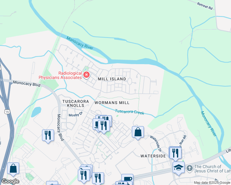 map of restaurants, bars, coffee shops, grocery stores, and more near 2523 Mill Race Road in Frederick