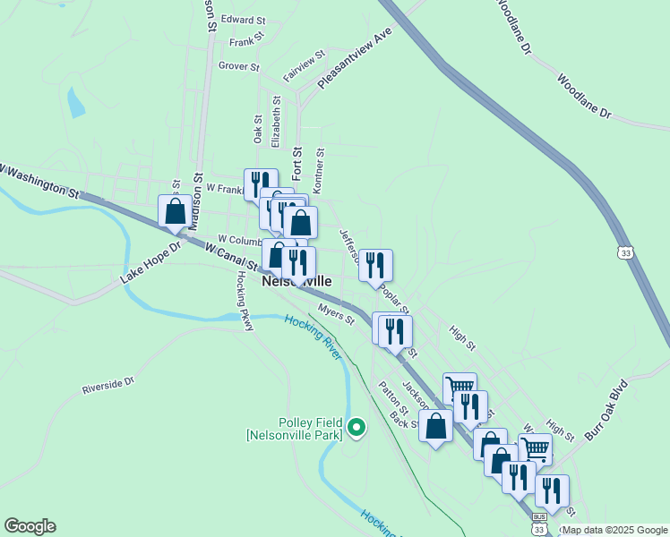 map of restaurants, bars, coffee shops, grocery stores, and more near 122 Fayette St in Nelsonville