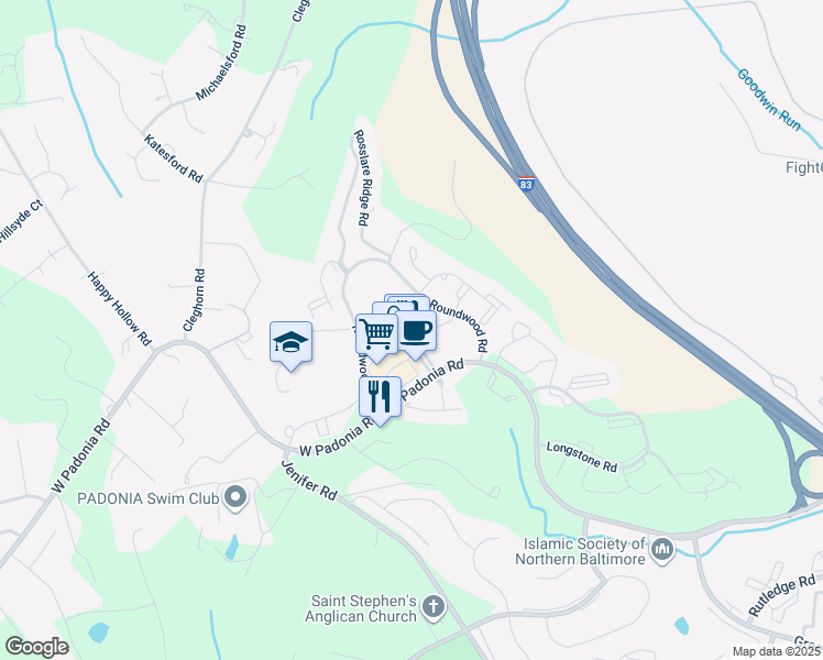 map of restaurants, bars, coffee shops, grocery stores, and more near 12236 Roundwood Road in Lutherville-Timonium