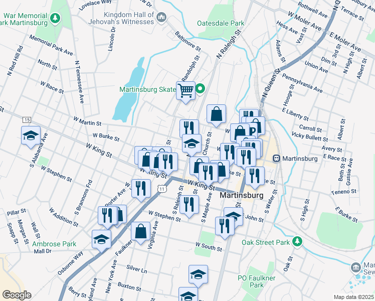 map of restaurants, bars, coffee shops, grocery stores, and more near 116 North Raleigh Street in Martinsburg