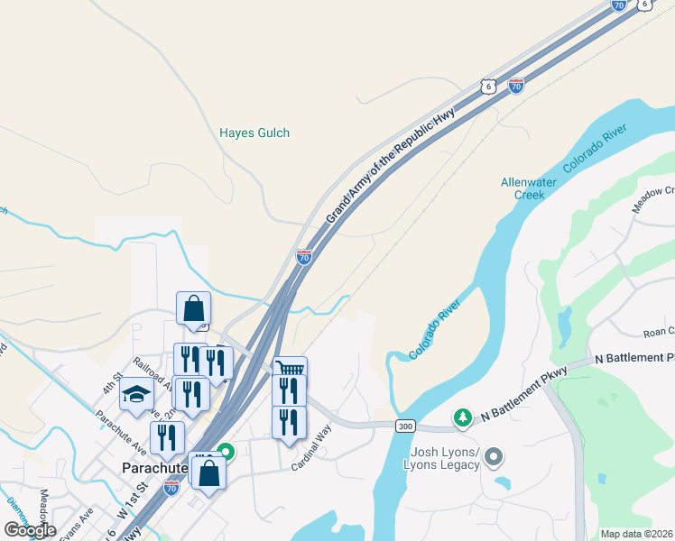 map of restaurants, bars, coffee shops, grocery stores, and more near 169 Callahan Court in Parachute