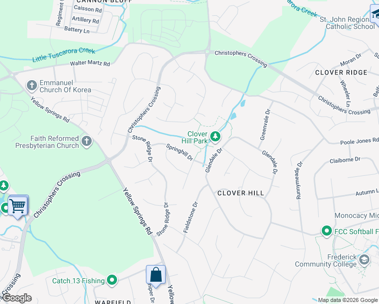map of restaurants, bars, coffee shops, grocery stores, and more near 6730 Springhill Drive in Frederick