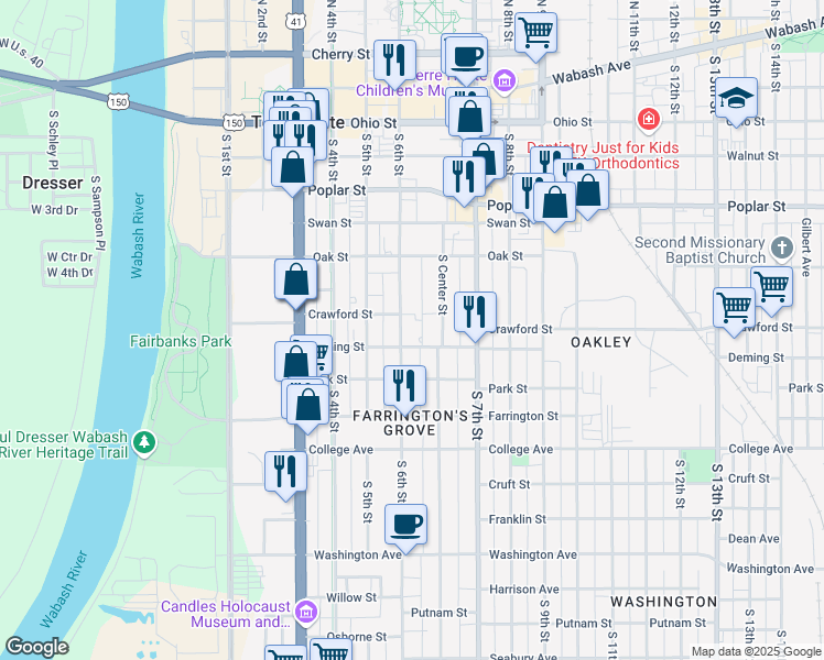 map of restaurants, bars, coffee shops, grocery stores, and more near 722 South 6th Street in Terre Haute