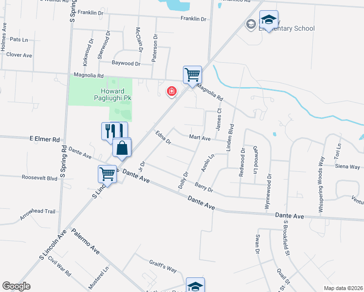 map of restaurants, bars, coffee shops, grocery stores, and more near 2551 Edna Drive in Vineland