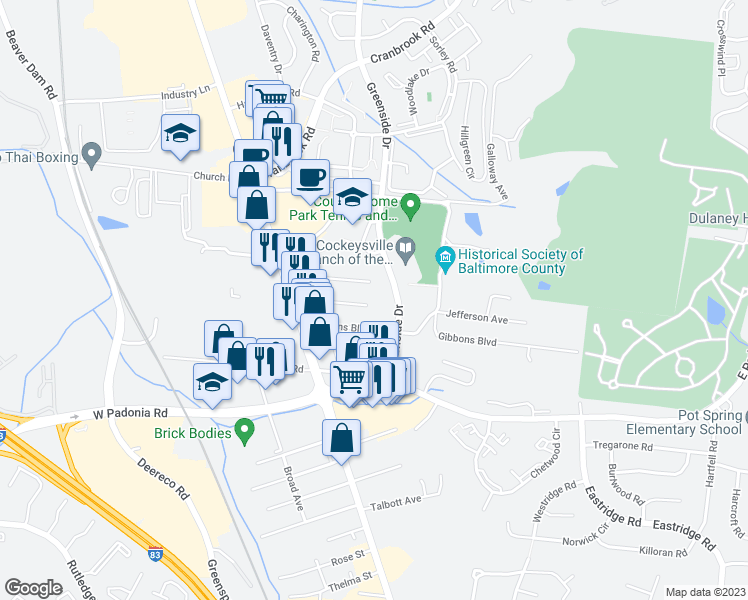map of restaurants, bars, coffee shops, grocery stores, and more near 18 Jefferson Avenue in Cockeysville