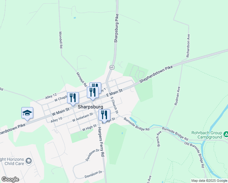 map of restaurants, bars, coffee shops, grocery stores, and more near 205 East Main Street in Sharpsburg