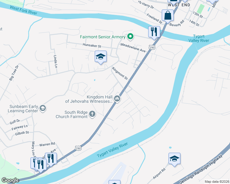 map of restaurants, bars, coffee shops, grocery stores, and more near 346 Hampton Road in Fairmont