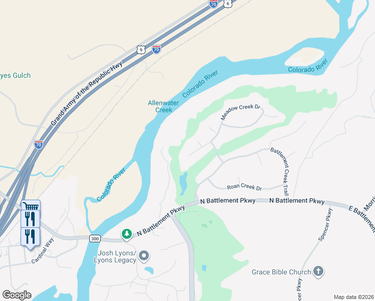 map of restaurants, bars, coffee shops, grocery stores, and more near 19 Meadow Creek Drive in Parachute